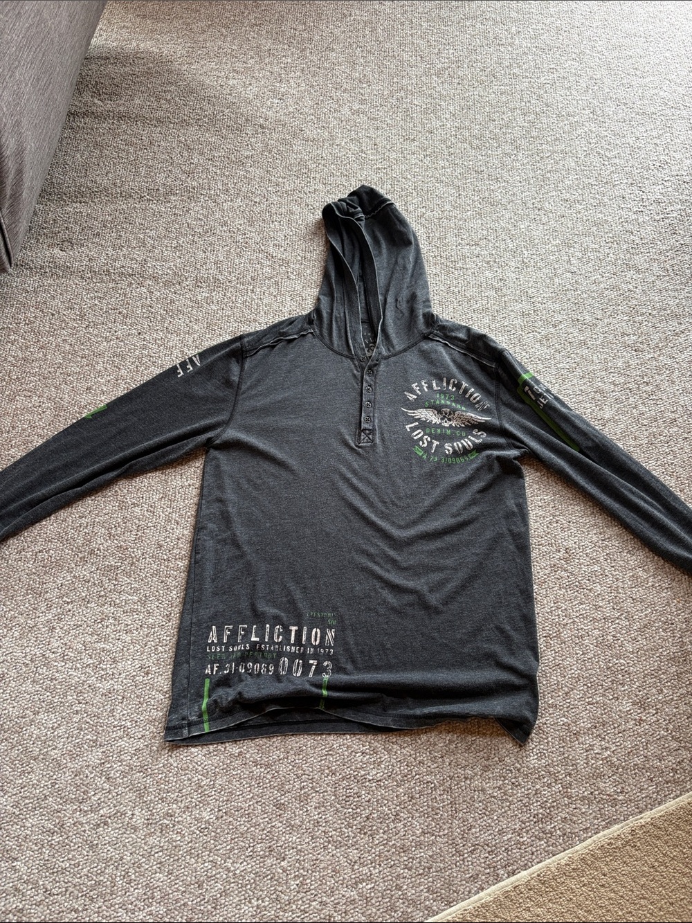 Affliction Black Hooded Graphic Long-Sleeve Top with Green Accents